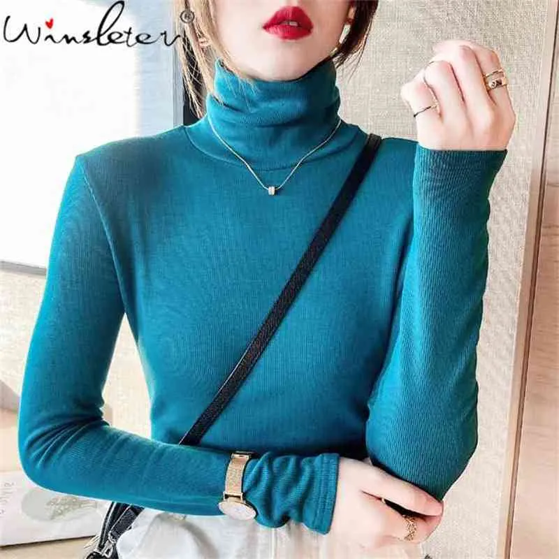 Turtleneck da primavera camiseta mulheres meninas sólidas tops magro t-shirt de manga longa pavão azul verde t0d502a 210421