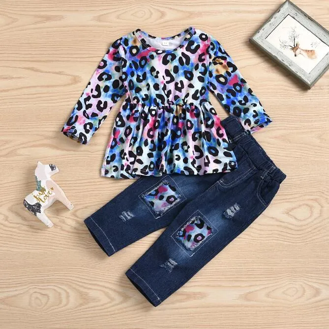 Toddler Baby Girl Odzież Zestawy z długim rękawem Lampart Drukuj Wzburzyć Okrągłe Neck Topy Zgrywanie Denim Dżinsy 2 sztuk Outfits