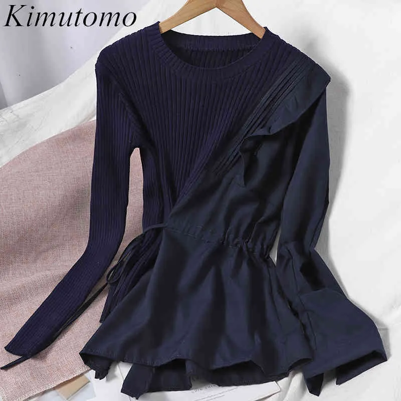 Kimutomo Casual de malha blusa blusa mulheres o-pescoço irregular lace up manga longa camisa korea chique primavera outono 210521