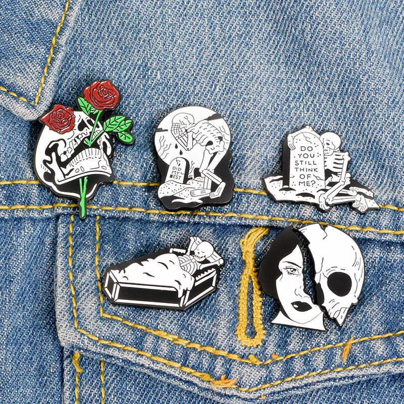 Punk coffin Ckull Brooch pins Enamel Lapel pin for women men Top dress cosage fashion jewelry will and sandy