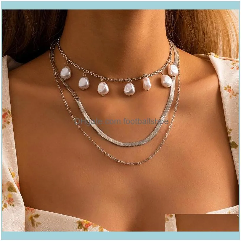 IngeSight.Z Baroque Imitation Pearl Tassel Pendant Necklace Multi Layered Copper Flat Blade Snake Chain Choker Necklaces Jewelry