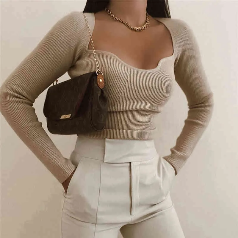 Elegante Frauen Beige Pullover Mode Damen Chic Solide Strick Tops Streetwear Weibliche Süße Quadrat Kragen Pullover 210427