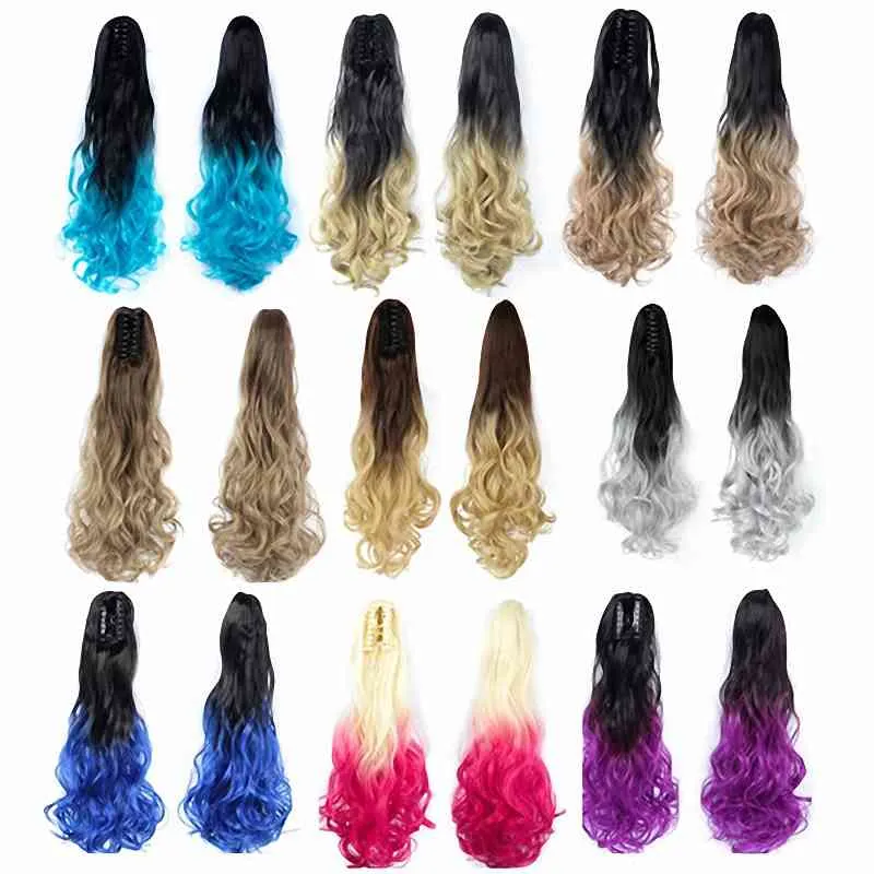 Claw Clip On Ponytail Extensions Long Wavy Ombre Synthetic Hair Piece Pony Tail Fake False Hairpiece For Women Girls Pink Purple