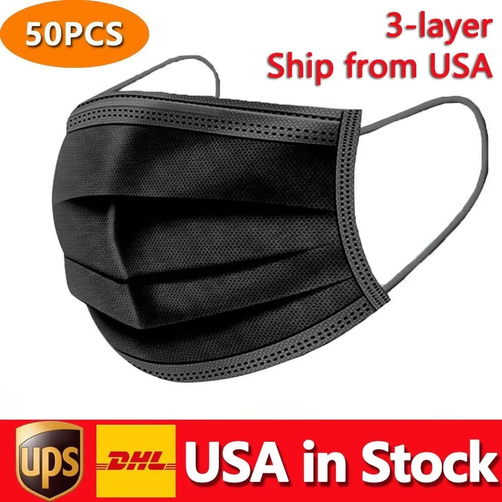 USA in Stock Black Disposable Face Mask 3-Layer Protection with Earloop Mouth Sanitary Outdoor Masks