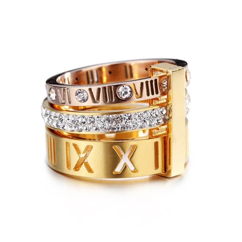 Rhinestone Ring For Women Stainless Steel Rose Gold Roman Number Finger Rings Femme Wedding Engagement Ringss Jewelry