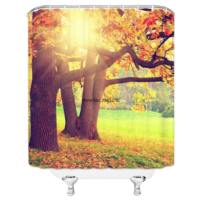 Shower Curtains Eco-friendly Fall Leaves Landscape Polyester High Quality Washable Bath Decor Scenery River With Hooks