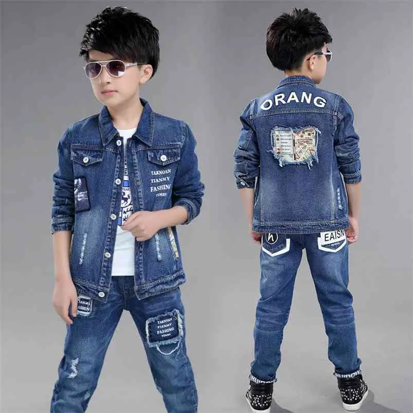 Fashion Teenage Boys Denim Clothes Set Autumn Children Jeans Coat and Pants Baby Cotton Sport Suits 10 12 Years 210622