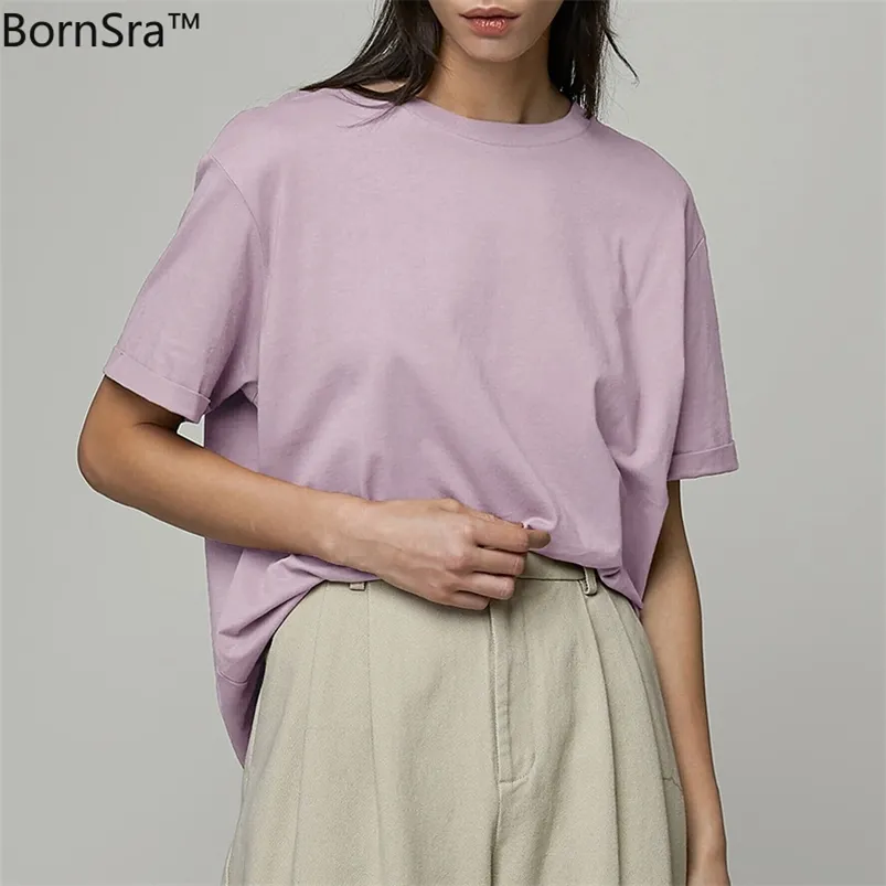 BornSra Shirt Dames Zomer Losse en veelzijdige Basic Katoen Bottoming Men Dames Paar Tops 210623