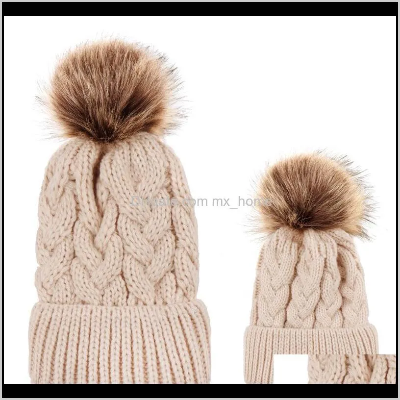 girls mom knitted hats 5 designs winter solid knitting wool bobble winter boys kids hats fashion ski warm hats 04