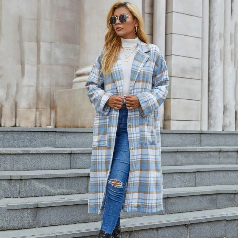 Blue And White Plaid Long Plaid Trench Coat With Turn Down Collar