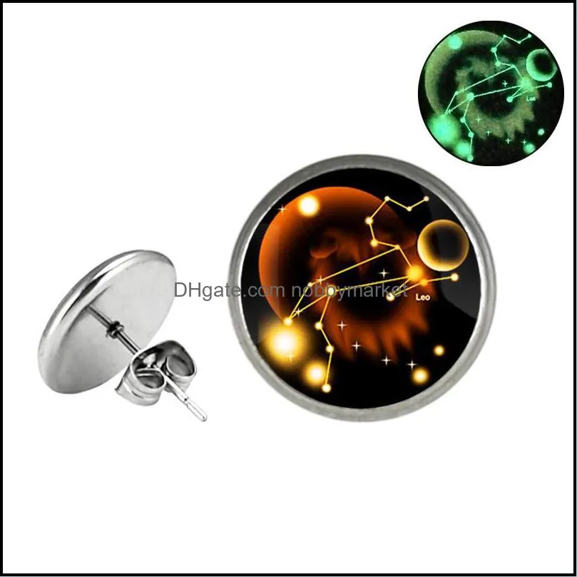 Glow in The Dark 12 Zodiac Sign Stud Earrings For Women Glass constellation Stainless steel hypoallergenic Silver Ear Rings Fashion