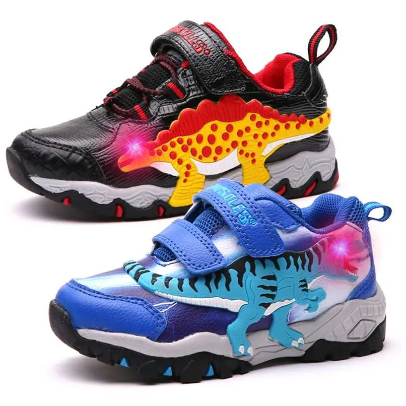 Dinoskulls Boys Sport Shoes LED 3D Dinosaur Kids Sneakers Light Up Autumn Children Trainers Glowing Child Tennis Shoes 211022
