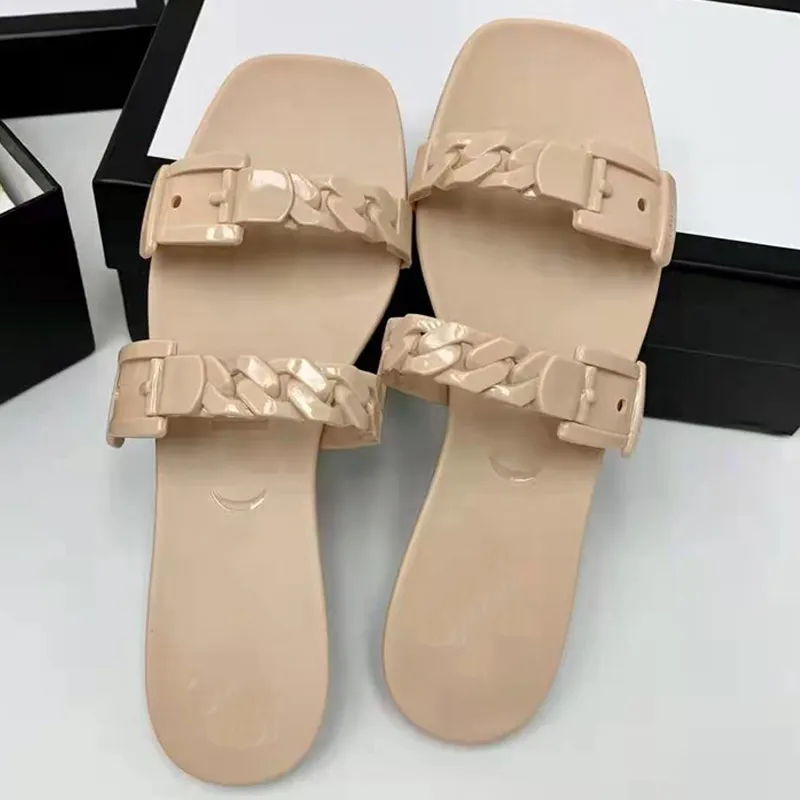 2021 Designer Women slipper luxury Genuine Leather jelly sandals summer outdoor lady Brand slippers fashion Plastic chain High quality Flat beach Casual shoes