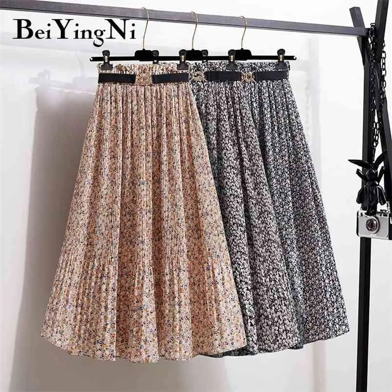 Plus Size Pleated Midi Skirts Womens Floral Printed Vintage Belt Chic Casual Chiffon Skirt Ladies Big Hem Faldas Mujer 210506