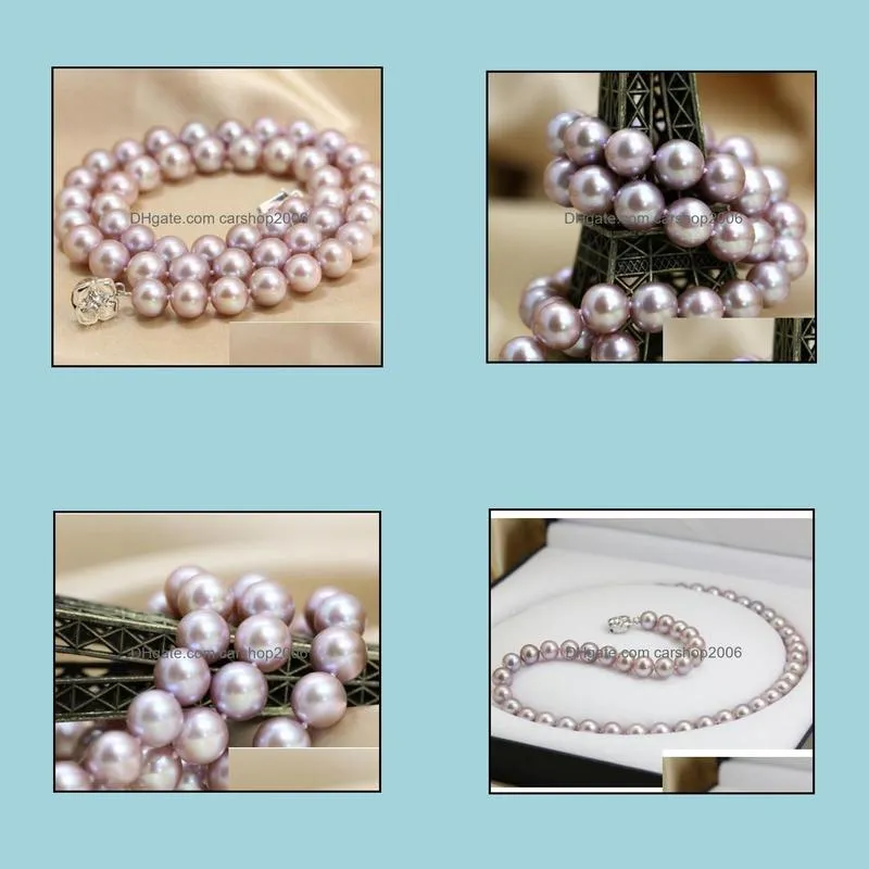 9-10mm Natural Purple Pearl Necklace 18 Inch Beaded Necklace 925 Silver Clasp For Women