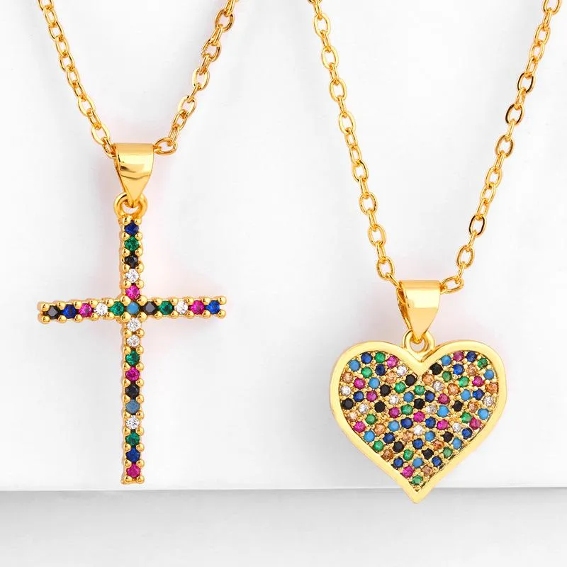 Anhänger Halsketten Weibliche Bunte Zicorn Kreuz Herz Anhänger Gold Farbe Rhinstones Jesus Halskette Schmuck Für Männer / Frauen Großhandel