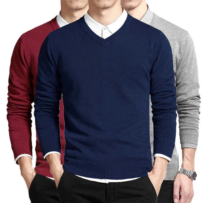 Varsanol Cotton Sweater Men Long Sleeve Pullovers Outwear Man V-Neck sweaters Tops Loose Solid Fit Knitting Clothing 8Colors 210601