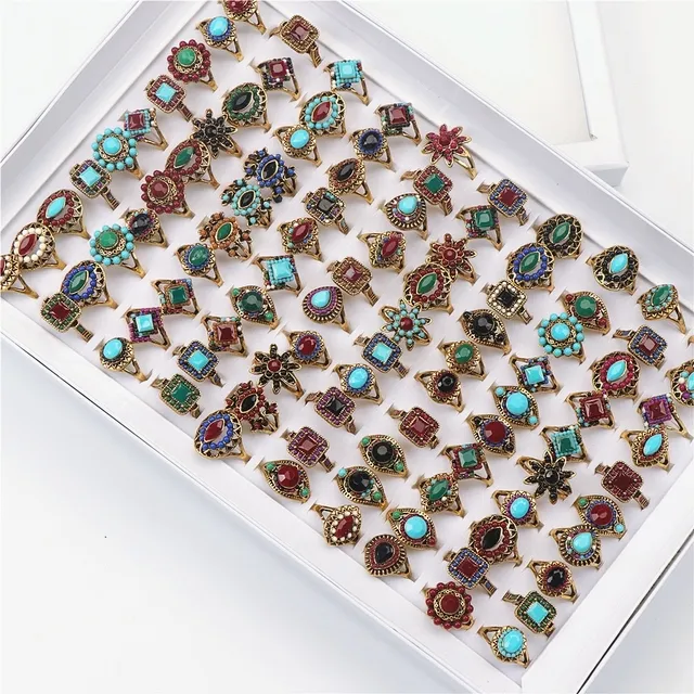 30 unids/lote, anillos de Metal geométricos de flores de colores Retro bohemios para mujer, estilo mixto, joyería de moda, regalo de fiesta