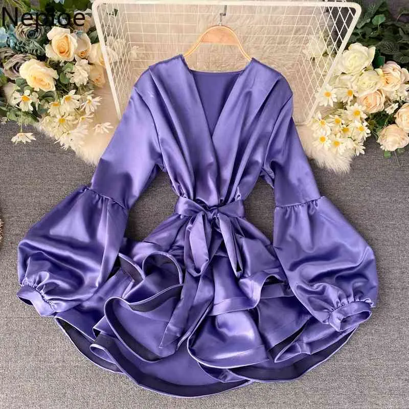 Neploe Mode Coréenne Robe Femme Satin Tempérament Vestidos Mujer Col En V Lanterne Manches Robe À Lacets Volants Robes Élégantes 210422