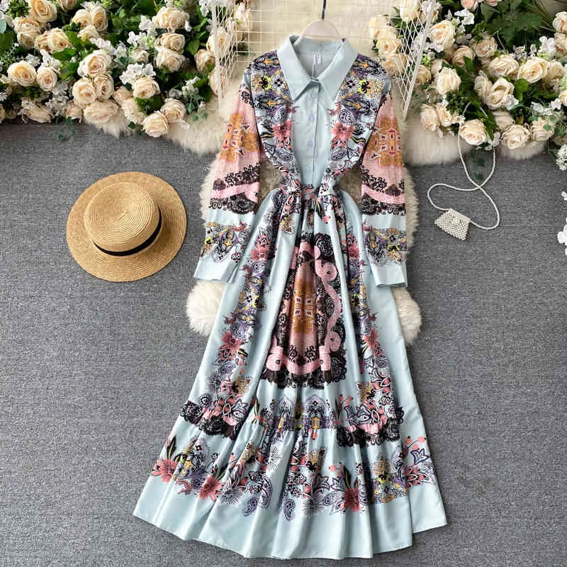 Women Bohemian Print Dress Autumn Turn-Down Collar Puff Sleeve A Line Maxi Dress Casual Vacation Dress Palace Style 210419