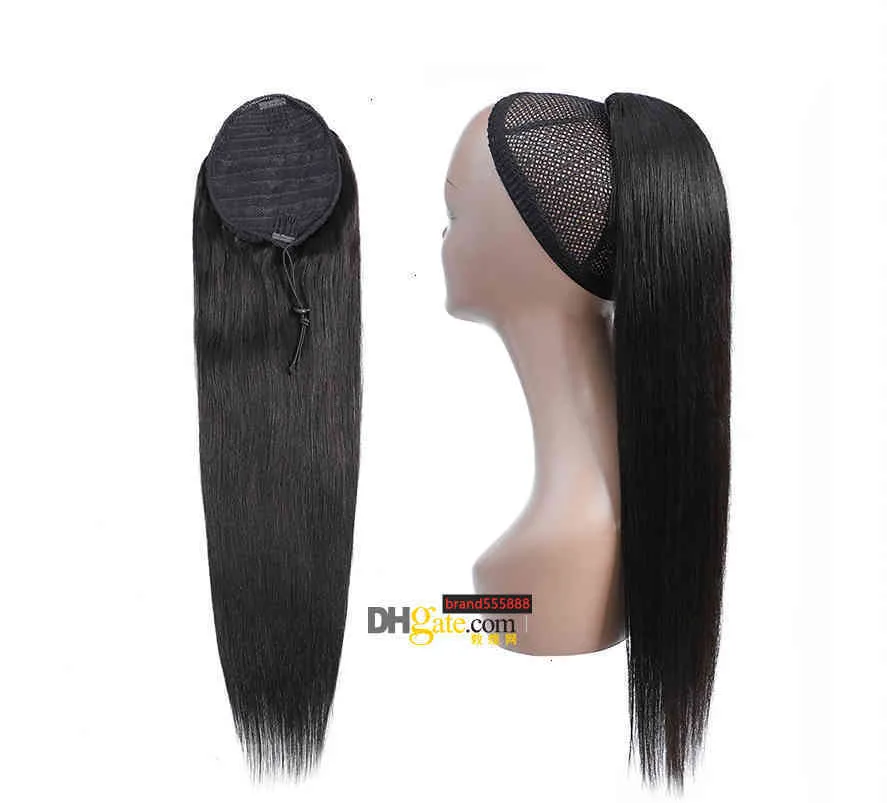 Silky Straight Ponytail Human Hair Remy Brazilian Drawstring Ponytail Clip In Hair Extensions 1B Pony Tail