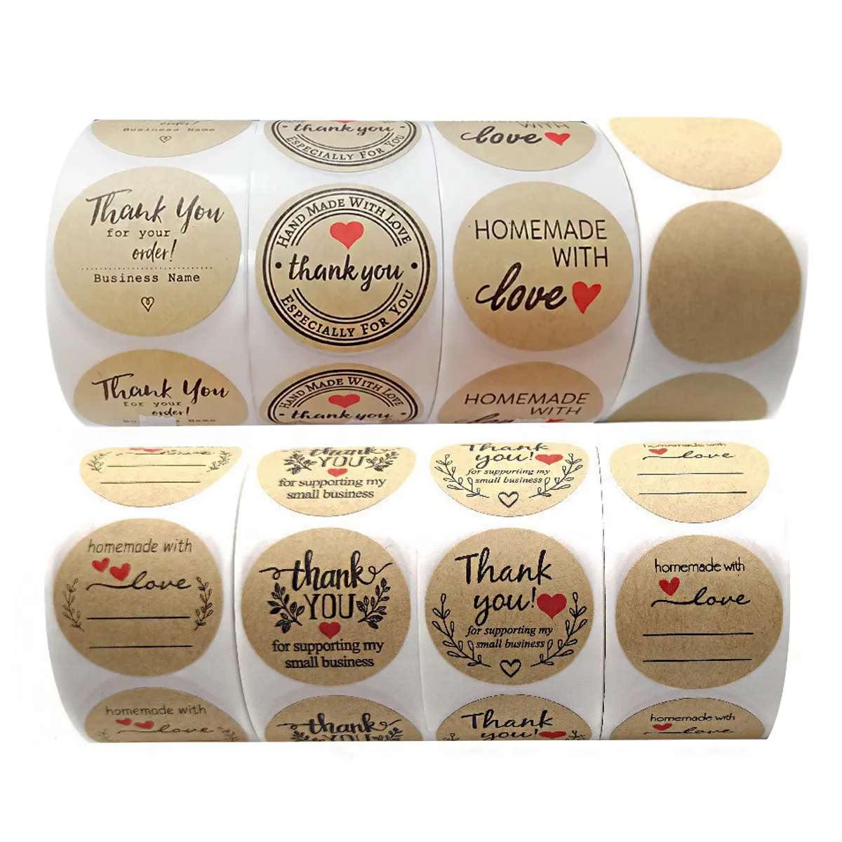 500 sztuk / rolki Round DZIĘKUJĘ Etykiety Kraft Papier Miłość Naklejki 1.5 Calowy Pakowanie Wyjąć Wyjęcie Dekoracyjne Gift Custom Foed Naklejki