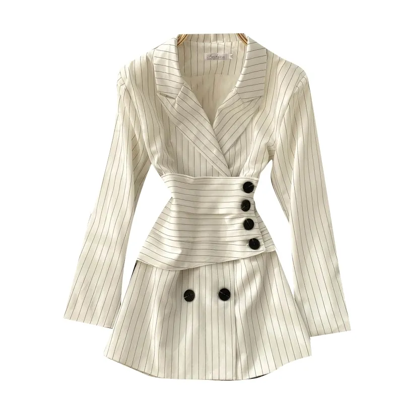 [EWQ] Sweet Long Sleeve Women Trend Coat Feminino Loose Notched Neck Office Lady Black Striped Blazer Spring 16W74601 210423