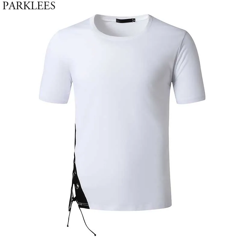 Moda Bottom Drawstring Branco Tshirt Homens Slim Fit O Neck Mens Camisetas Hip Hop Harajuku Casual Streetwear Tshirt Homme 2XL 210522