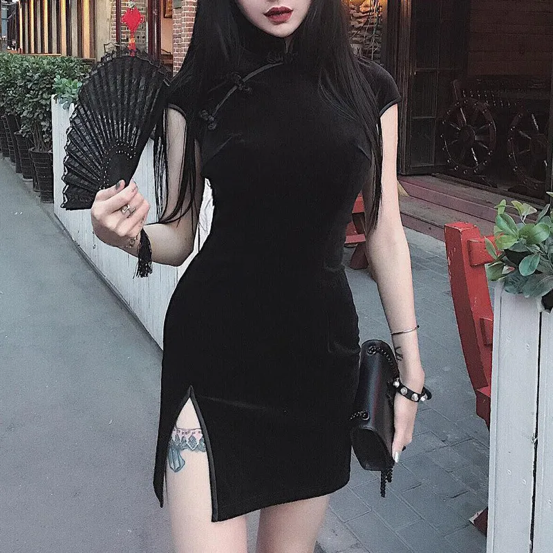 Goth Dark abiti da donna cheongsam stile cinese mini abito skinny streetwear sexy vintage harajuku estate abbigliamento femminile slim