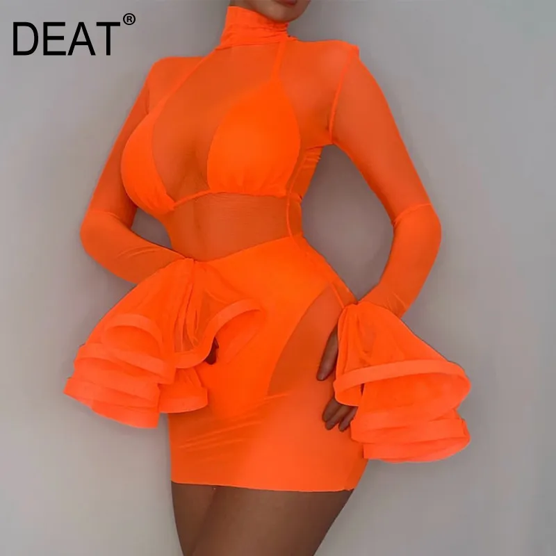 ソリッドオレンジ長袖セクシーな視点女性のドレス誇張されたロータススーツガーゼクラブ夏GX1085 210421