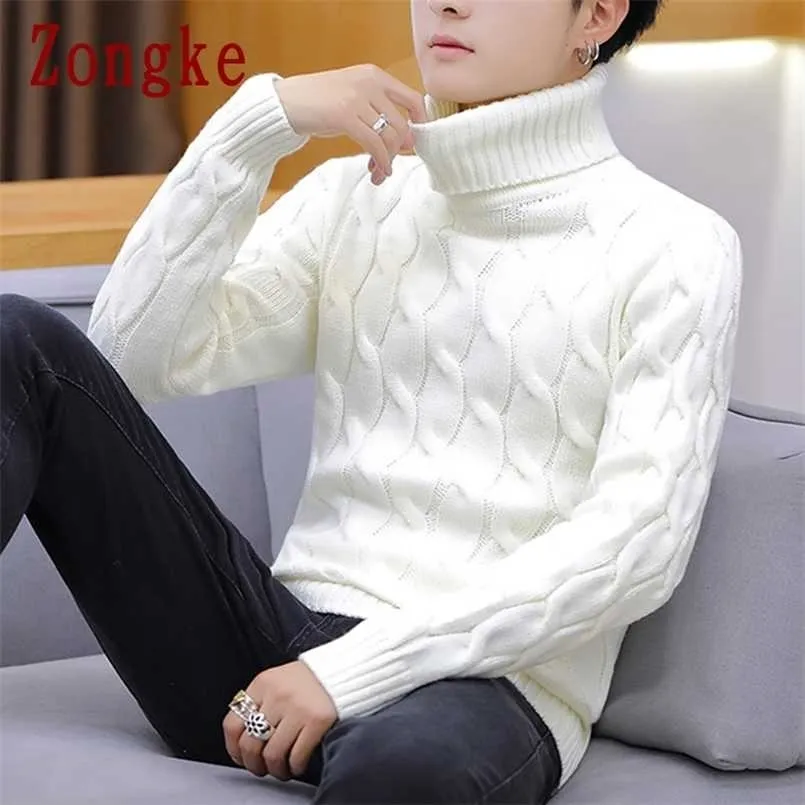 Zongke White Turtleneck Men Clothes Winter Sweater Men Coats Solid Striped Pullover Mens Turtleneck M-2XL Autumn 211221