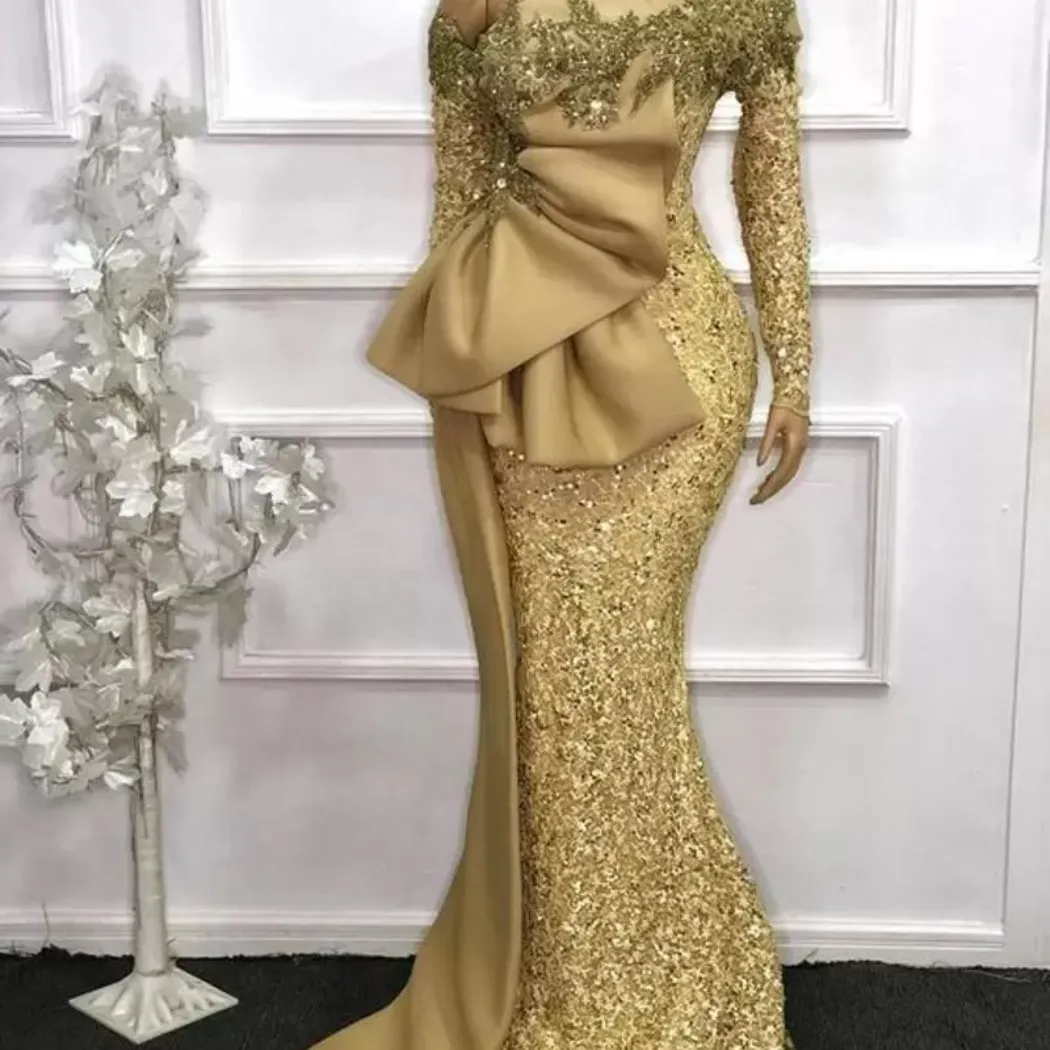 2022 Элегантный африканский стиль кружева русалка вечерние платья плюс размер золотые блестки с длинными рукавами с бисером выпускных вечеринок Promate Prade Pressions Robe de Soiree BC11139