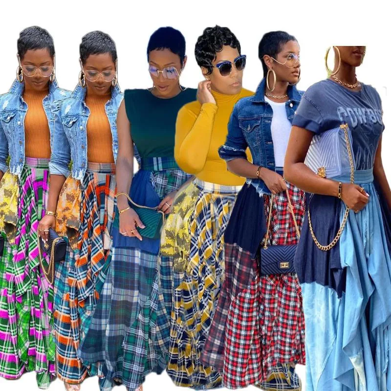 DHgate Plus Size Plaid Maxi Skirt High Waisted Flowy A Line Floor Length Skirts for Women Apparel