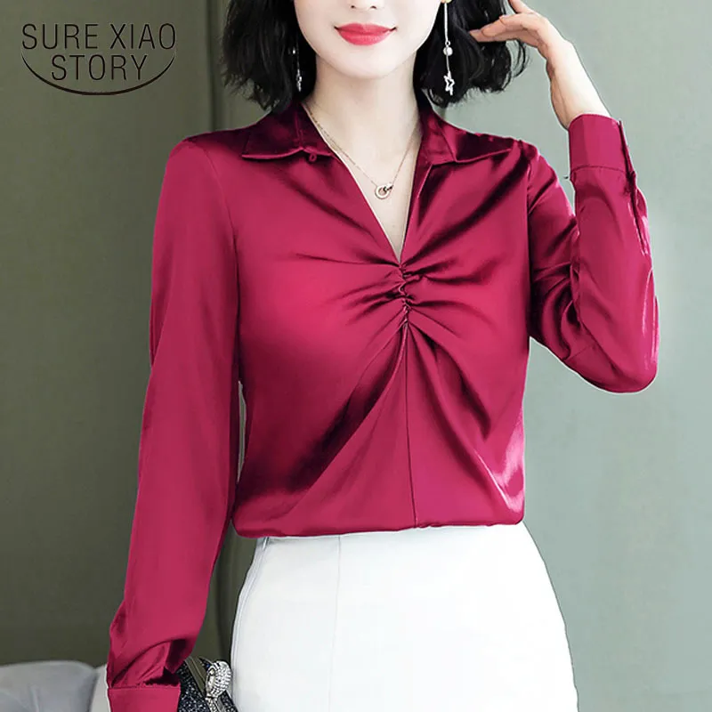 Blusas Mujer de Moda Spring Spliced ​​Solid Black Long Sleeve Top Koren Kleding V-hals Plus Size Tops Witte Blouse 8096 50 210415