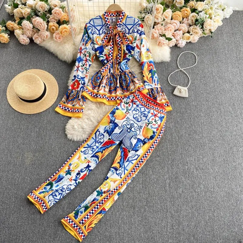 Women's Vintage Print Pant Suit Set with Ruffle Blouse and Long Pants