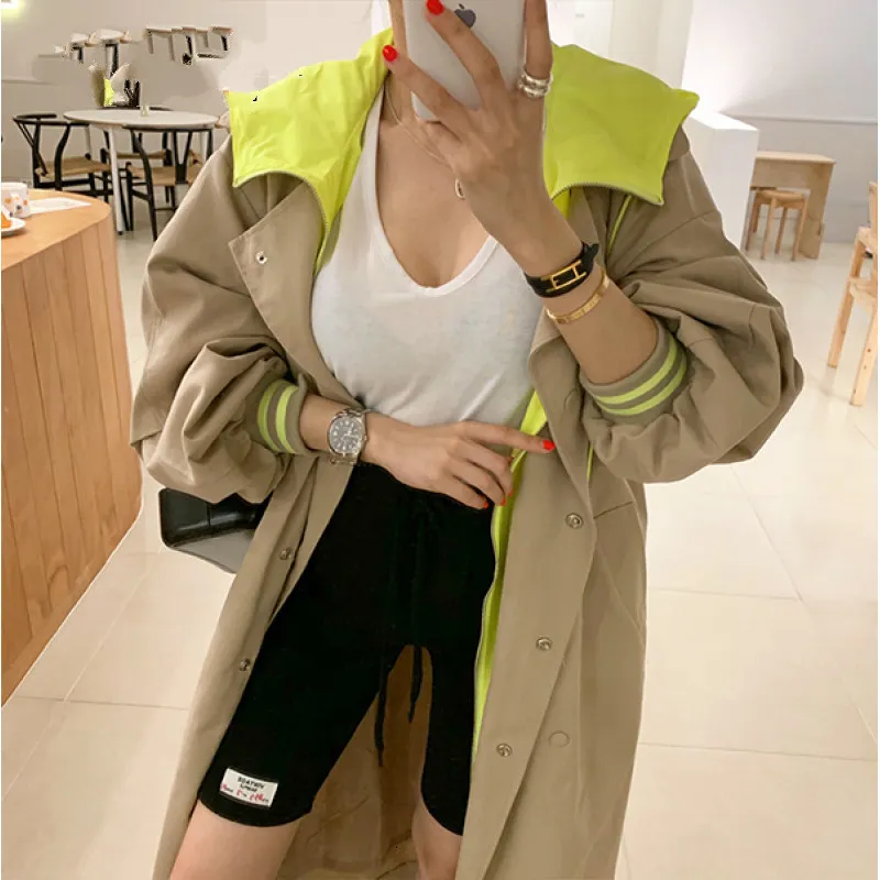 Outono Windbreaker manga comprida com capuz solto ocasional outwear plus size oversize senhoras trench casaco khaki mulheres 210510