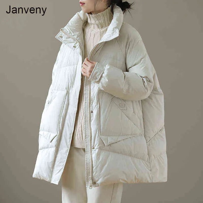 Janveny Winter Autumn Puffer Jacket Kobiety 90% White Duck Down Płaszcz Kobiet Środkowy Długi Luźny Chleb Płaszcze Pióro Parkas Znosić 211130