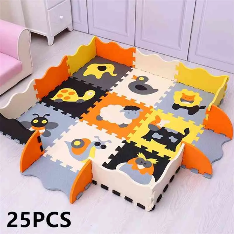 25 Stück Kindermatte EVA-Schaum Krabbelteppich Weiche Bodenmatte Puzzle Babyspielmatte Innenboden Entwicklung Spielmatte mit Zaun 210402