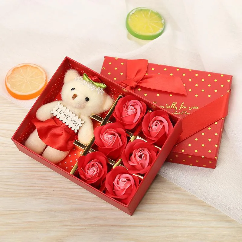 6 Soap Flowers Creative Simulation Rose Soap Fower Gift Box Bear Christmas Valentines Day Gift w-00640