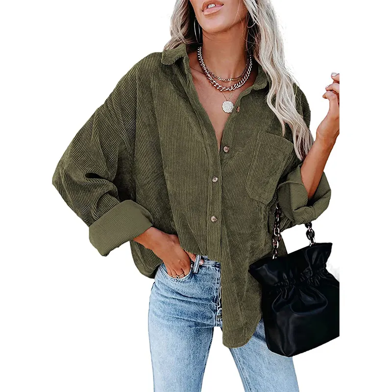 Women Corduroy Shirt Long Sleeve Plus Size Button Down Blouses Tops Loose Casual Jacket with Pockets