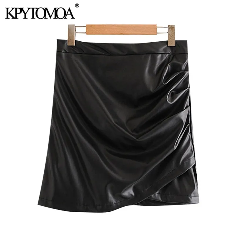 Women Chic Fashion Faux Leather Pleated Mini Skirt High Waist Back Zipper Female Skirts Mujer 210420