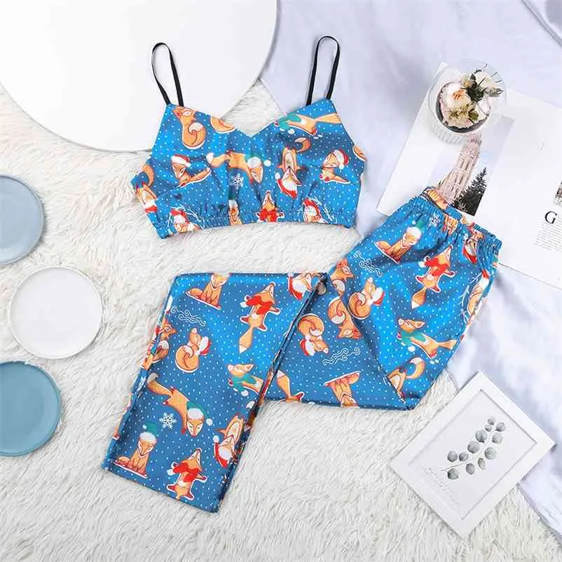 HiLoc Cartoon Print Satin Sleepwear Abiti natalizi Donna Langerie Pigiama sexy Set modello Scollo a V Set due pezzi Top e pantaloni 210330