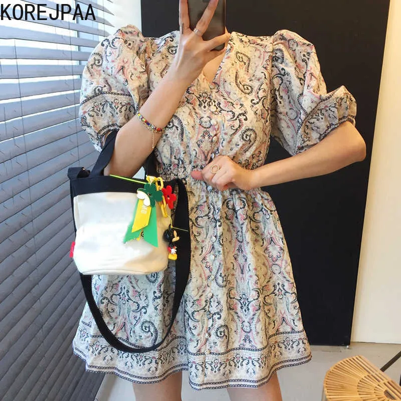 Korejpaa Women Dress Coreano estate moda retrò con scollo a V stampa vita alta piccolo uomo manica a bolle gonna abito da donna 210526