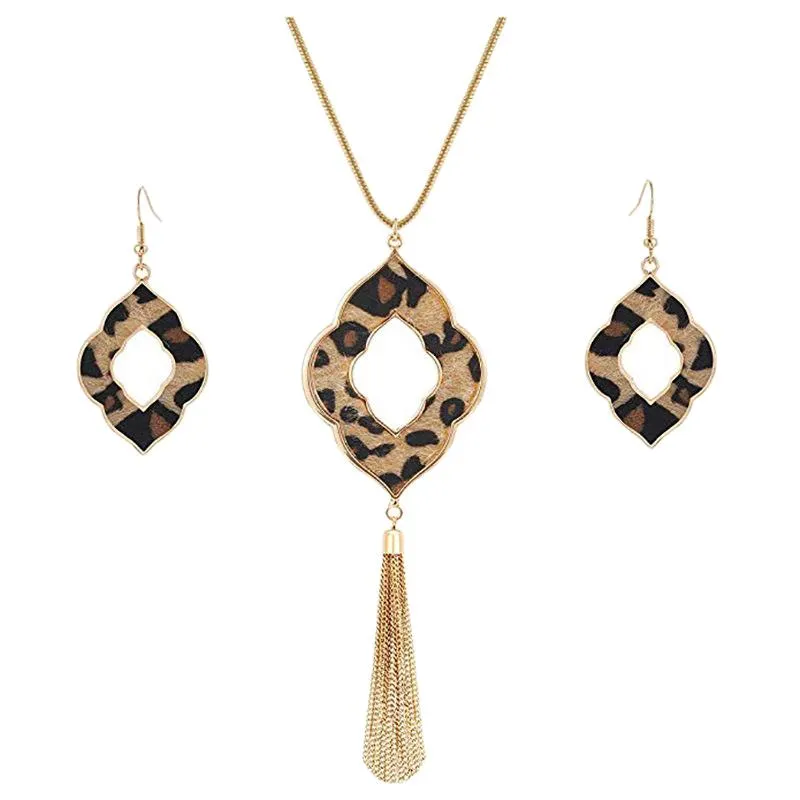 Earrings and Necklace Set for Women, Leopard Print Cheetah Leather, Long  Drop Dangle, Geometric Pendant, Fringe Tassel
