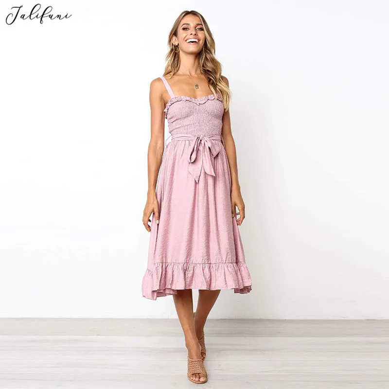 Sommar Kvinnor Ärmlös Square Collar Spaghetti Strap Baklösa Röd Knee-Längd Klänning Lös Empire Waist Lace Up Ruffle Mid Dress 210415