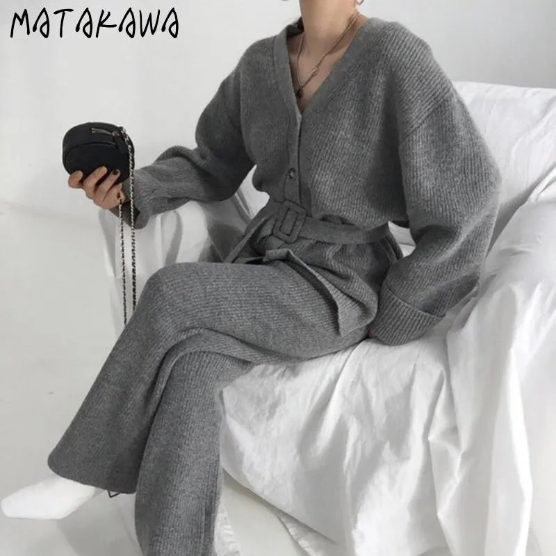 Damskie spodnie Dwie spodnie Matakawa Zestaw Kobiety Koreański Jesień Vintage V Neck Lace Up Sweter Cardigan Kurtki + Sznurka Dzianiny Szeroka noga