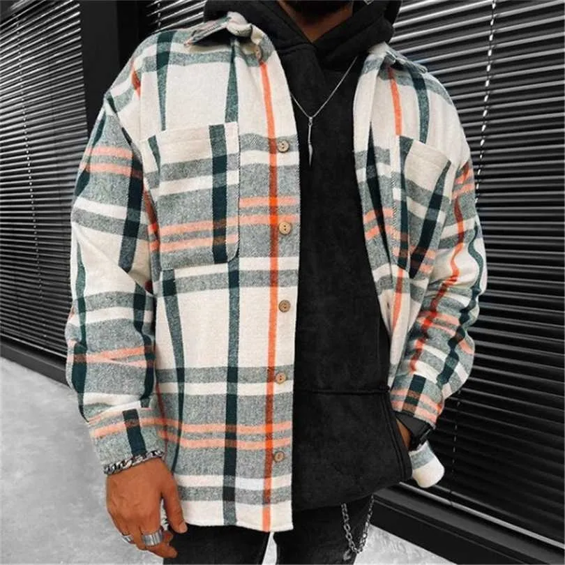 Primavera Casual Turn-Down Collar Botón Camisa Masculina Harajuku Tops Streetwear Moda Manga larga Plaid Impreso Camisas para hombres 211126