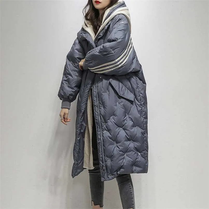 후드 90 화이트 오리 아래로 코트 여성 긴 재킷 겨울 느슨한 자켓 여성 오버 코트 패션 두꺼운 파카 레이디 outwears 211108