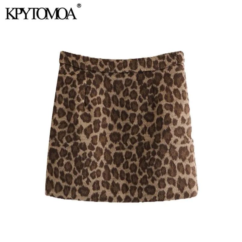 Женщины шикарные моды леопардовый печать мини юбка высокая талия задняя молния женские юбки Mujer 210420