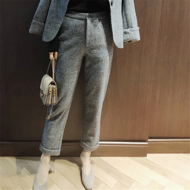 Plaid Woolen Pants Women's Autumn Winter Cropped Trousers High Waist Simple Commuter Flanging Harem Women Bottoms 210429